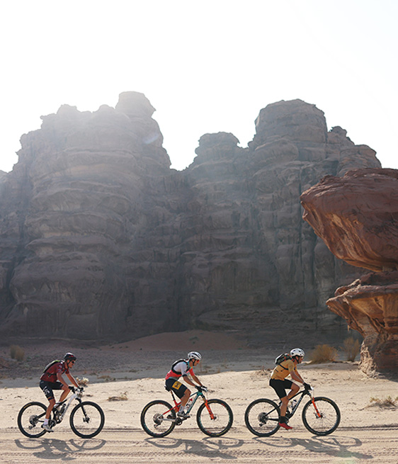 A group of mountain bikers particiapting in a mountain bike race in NEOM