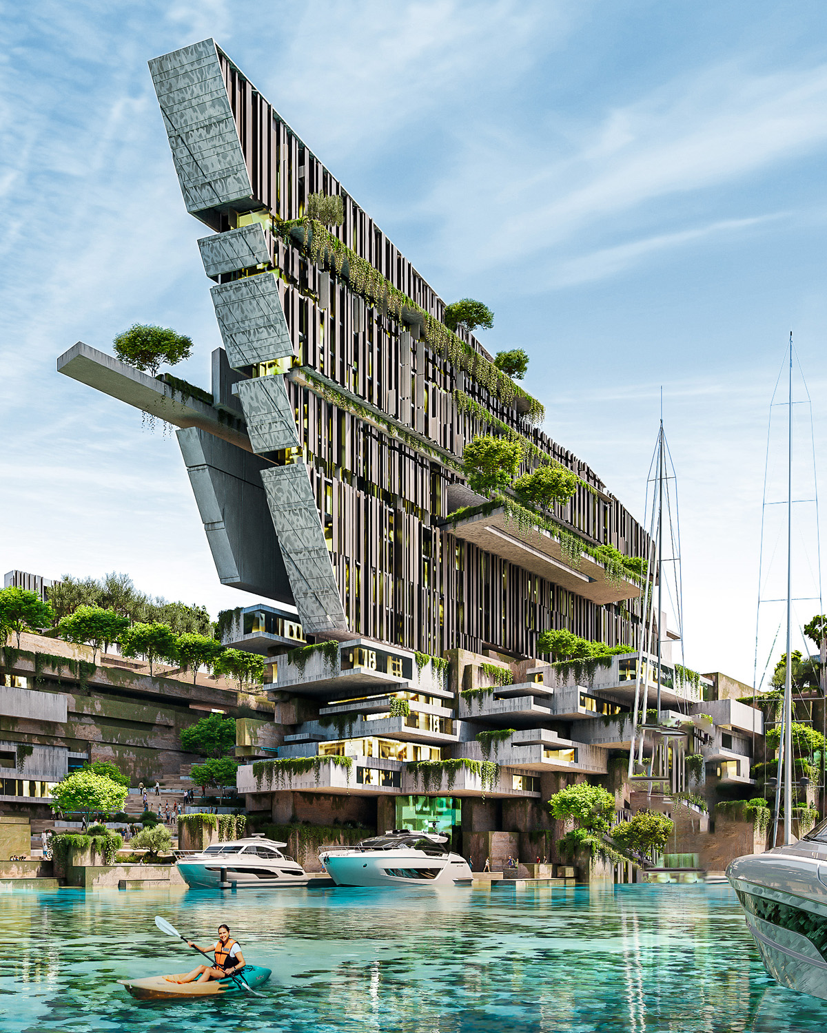 Kayaking on a calm lake at Jaumur, with futuristic villas and apartments in the background